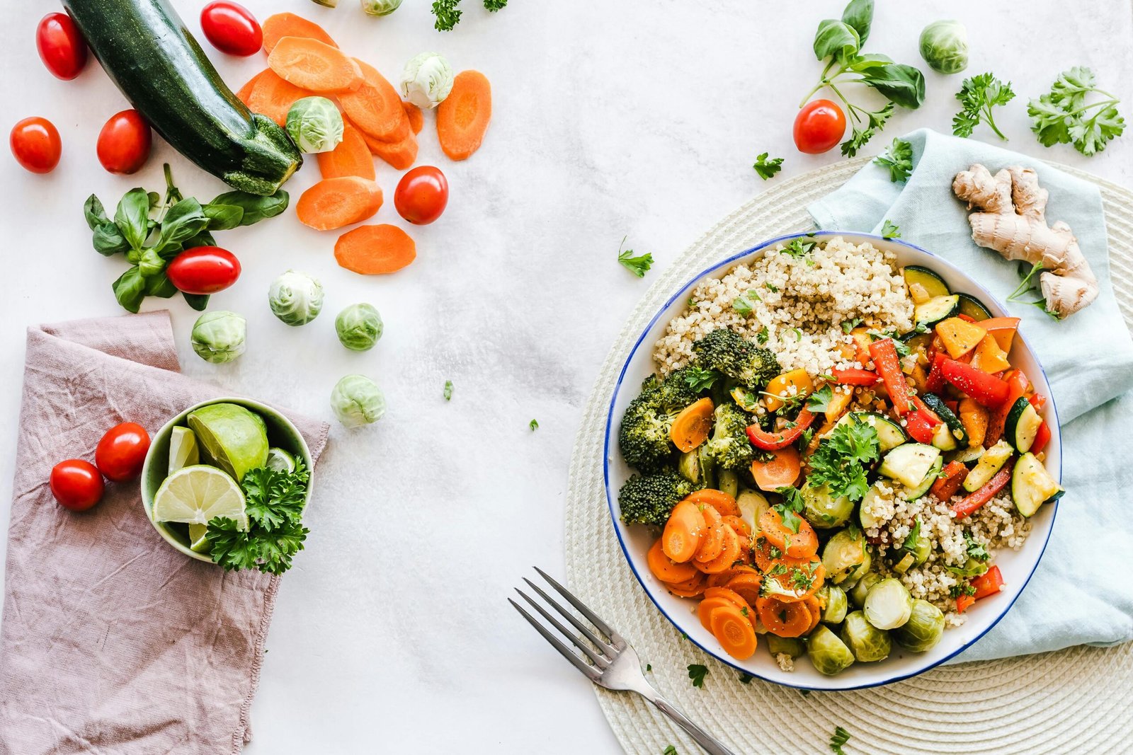 Home Colorful quinoa salad with fresh vegetables creates a healthy, balanced meal.